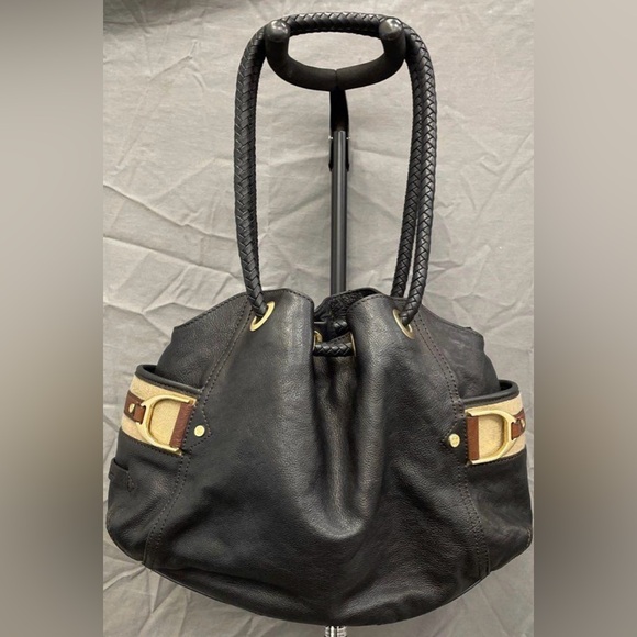 Cole Haan Hobo Bag Leather Braided Grommets Genevieve Denny Black Tan w/wallet - Picture 8 of 9